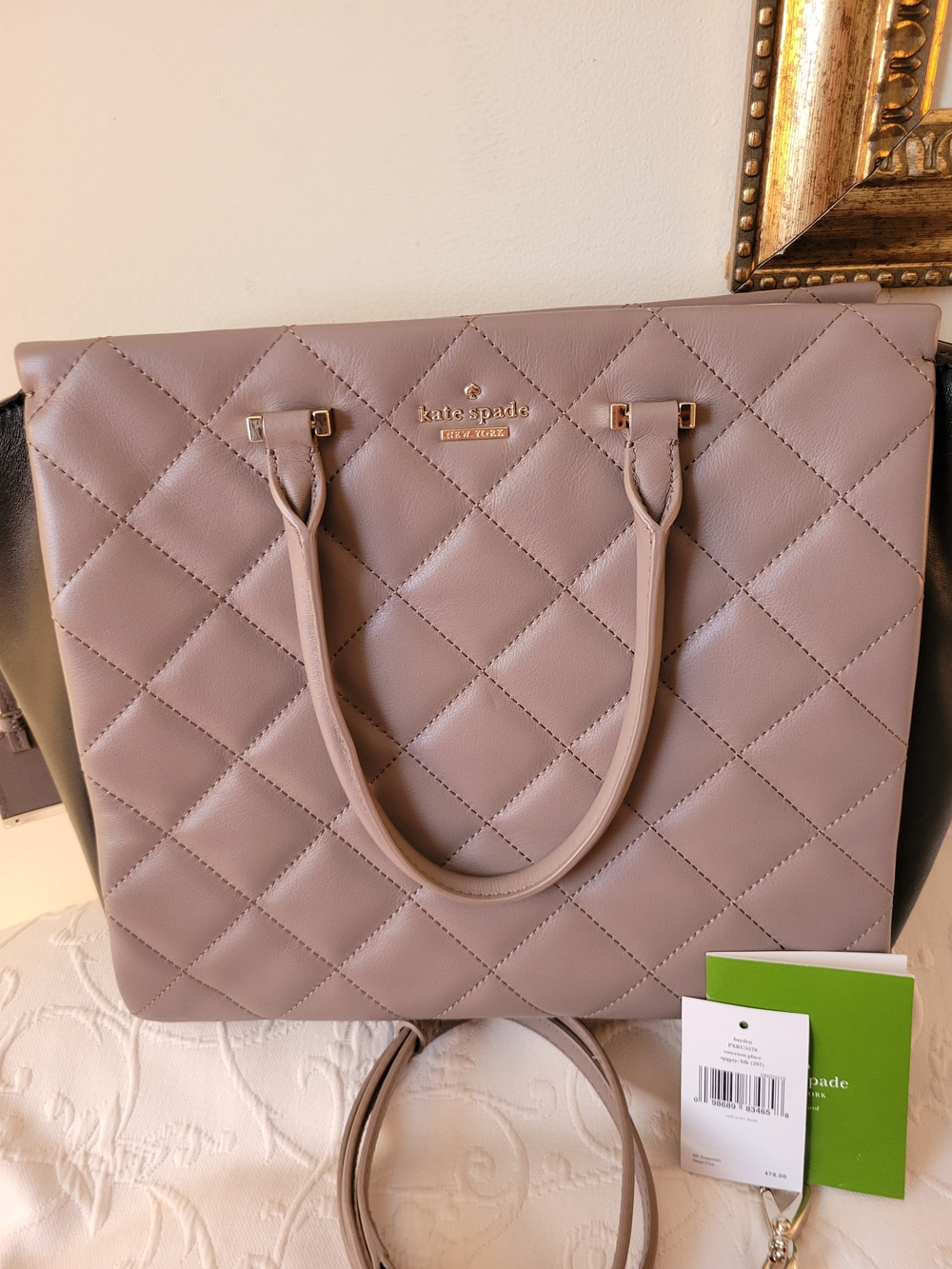 kate spade Quilted Tote in Taupe with Black Trim